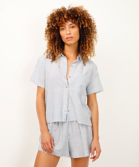 camisa de algodão praia listrada azul marinho P
