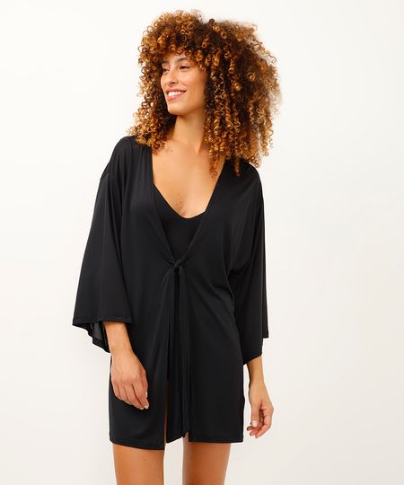 kimono de praia com amarração manga longa preto PP