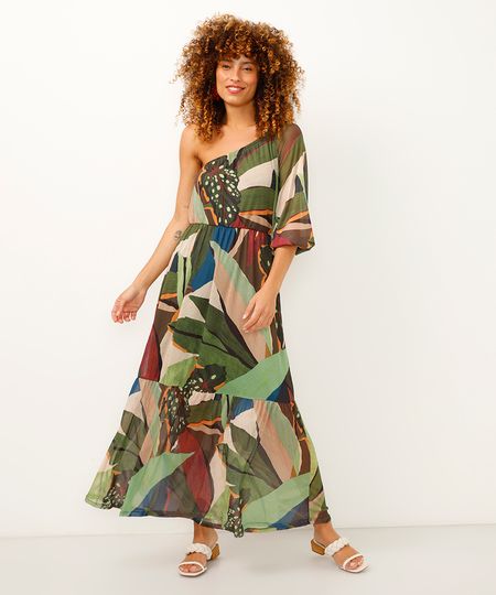 vestido ombro único de tule folhagem verde M