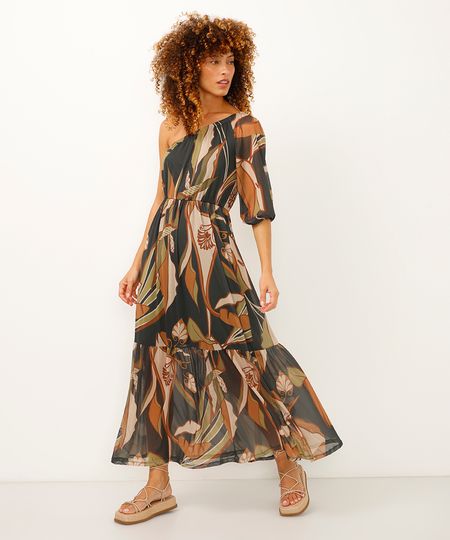 vestido longo de tule ombro único folhagem verde P vestido longo de tule ombro único folhagem verde P