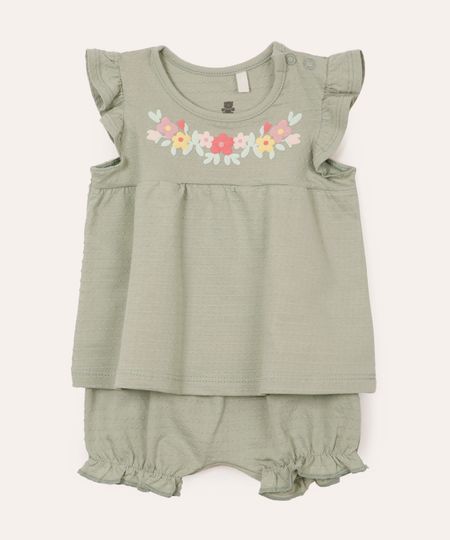 conjunto de algodão infantil floral com babado verde 0-3