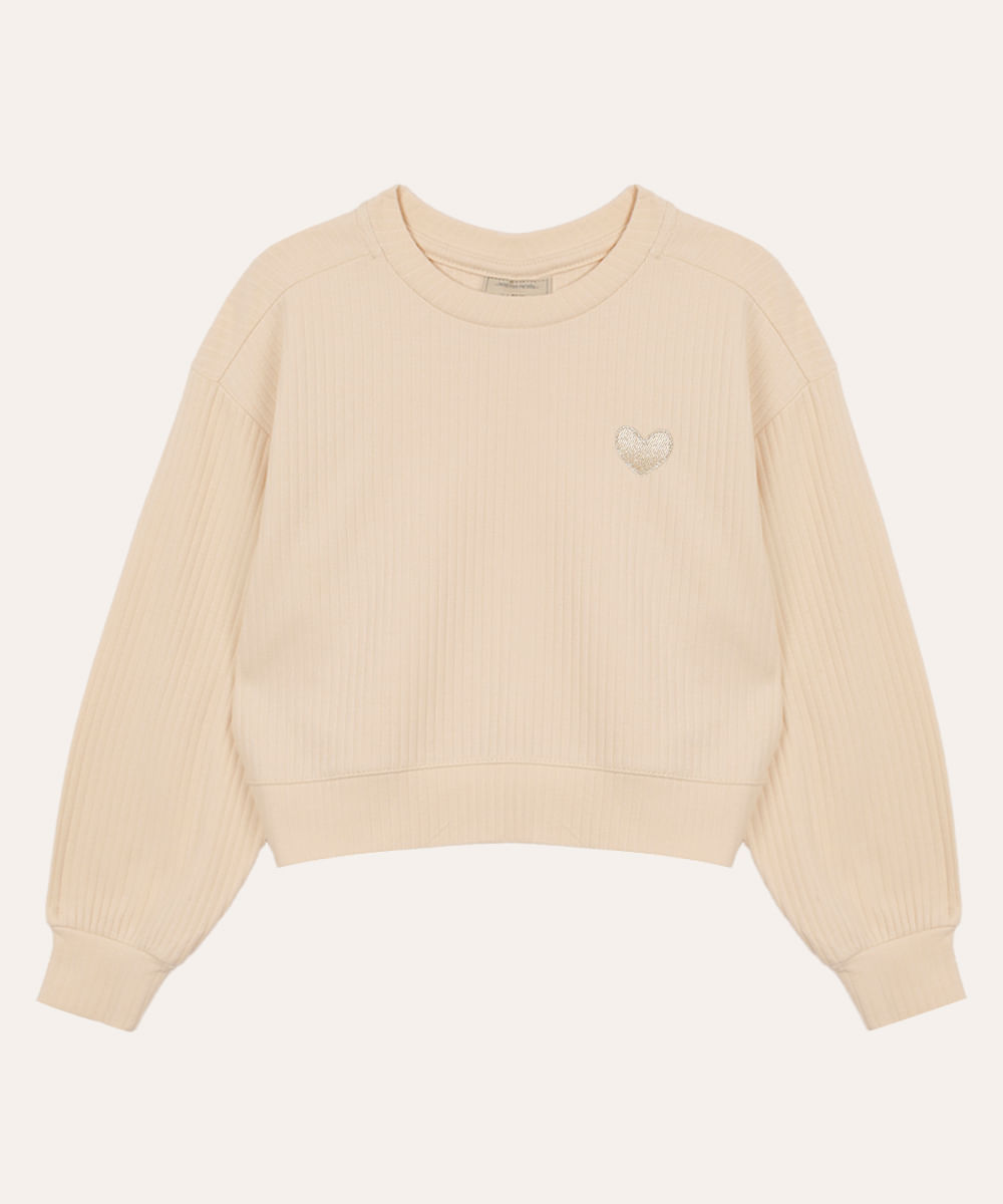 blusa de algodão infantil canelada coração bege