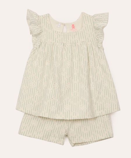 conjunto de laise infantil listrado com babado off white 0-3