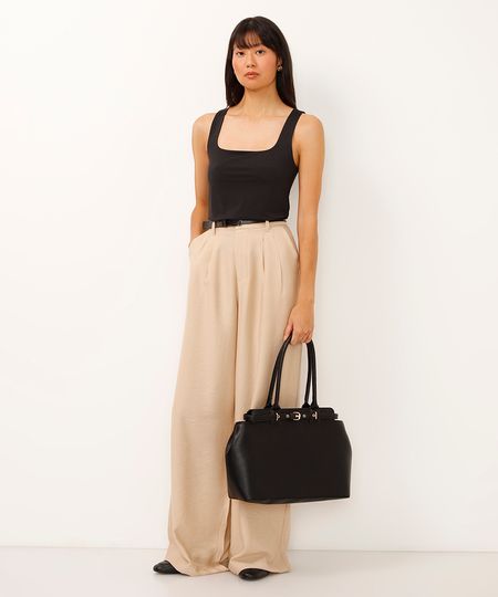 calça wide leg de viscose cintura alta com cinto bege 42