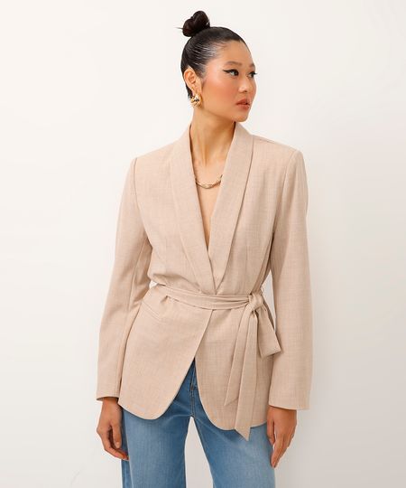 blazer de alfaiataria com faixa para amarração bege P