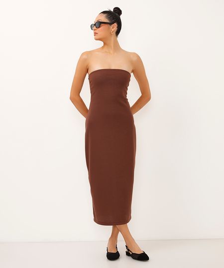 vestido midi sem alça canelado marrom M