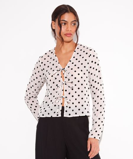blusa manga longa com laços e poá mindset off white PP