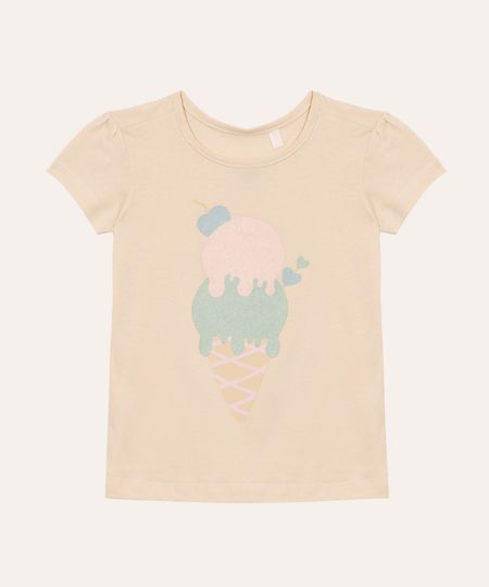 camiseta de algodão infantil sorvete com brilho bege 2 camiseta de algodão infantil sorvete com brilho bege 2