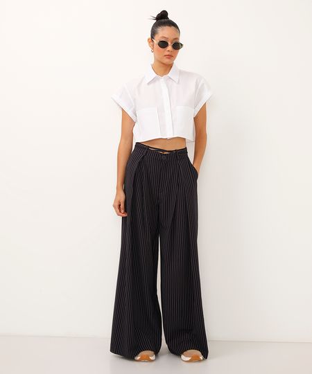 calça wide leg de alfaiataria risca de giz azul 36