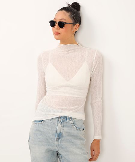 blusa texturizada transparência gola alta off white PP