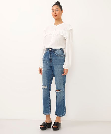 calça reta comfort jeans cintura super alta destroyed azul 40