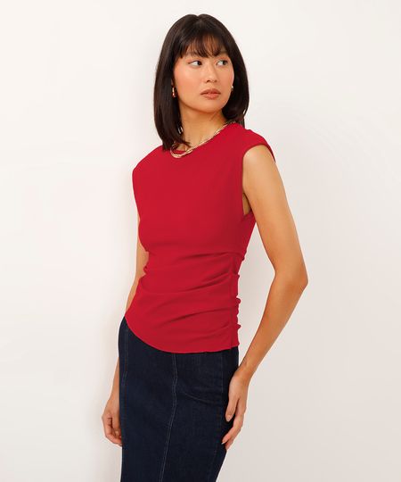 blusa alongada texturizada com franzido vermelha PP