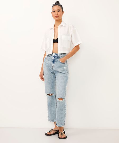calça jeans reta comfort destroyed cintura alta azul 36