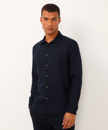 camisa de linho e algodão manga longa verde médio - azul marinho G camisa de linho e algodão manga longa verde médio - azul marinho G