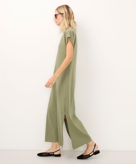 vestido de algodão básico com fenda longo verde PP vestido de algodão básico com fenda longo verde PP