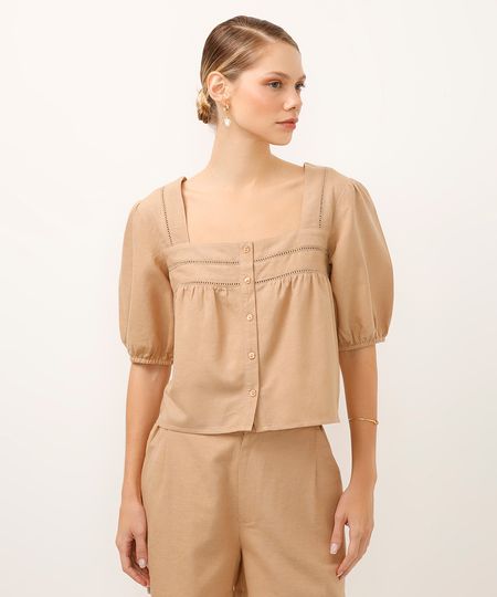 blusa com linho decote quadrado manga bufante marrom M