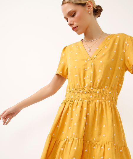 vestido curto com linho decote v poá amarelo PP