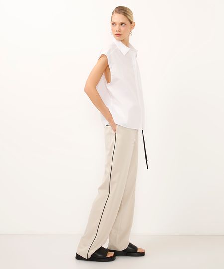 calça reta bicolor cós elástico bege GG calça reta bicolor cós elástico bege GG