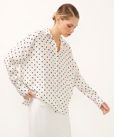 camisa com linho manga longa poá off white M