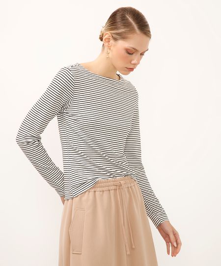 blusa de viscose decote canoa listrada off white PP