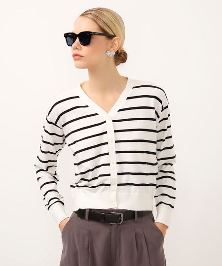 cardigan de tricot decote v listrado off white M
