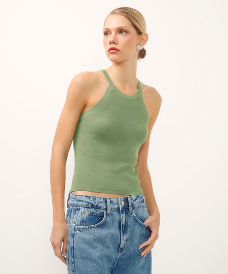 regata de tricot halterneck canelada verde PP