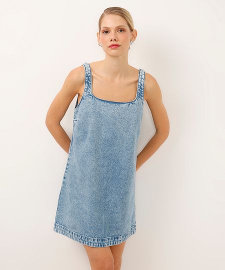 vestido curto jeans decote quadrado alça fina azul PP