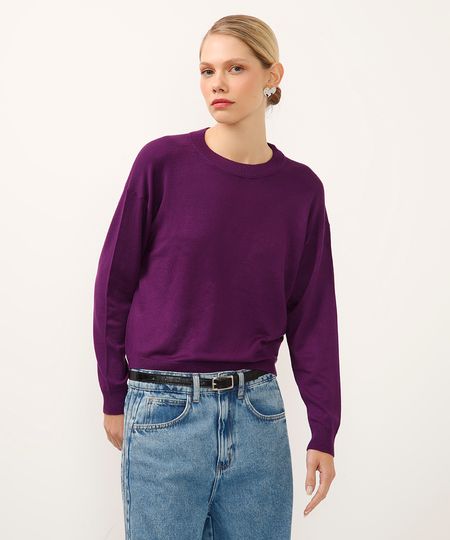 suéter de tricot decote redondo manga longa roxo P