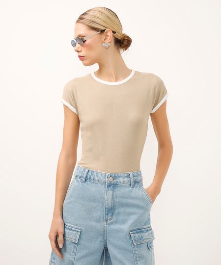 blusa manga copinho alongada bicolor bege P blusa manga copinho alongada bicolor bege P