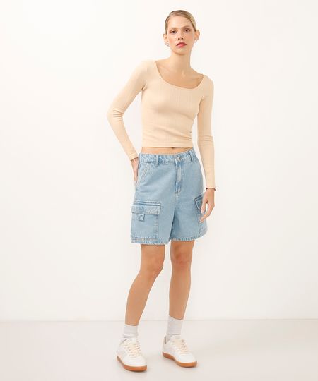bermuda cargo jeans cintura alta azul 40
