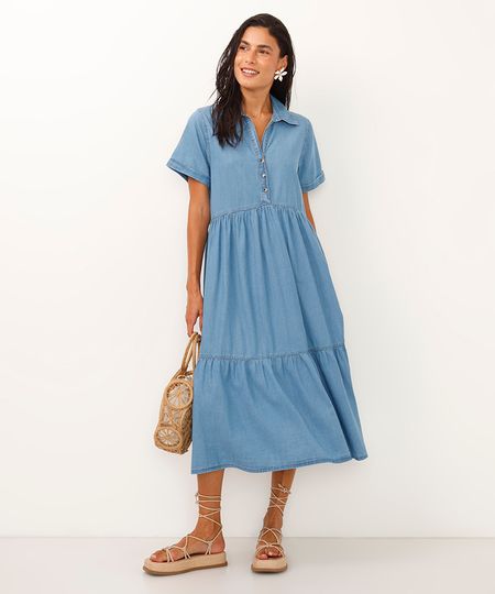 vestido midi jeans decote v azul G
