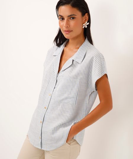 camisa de viscose manga curta com bolso listrada azul PP camisa de viscose manga curta com bolso listrada azul PP