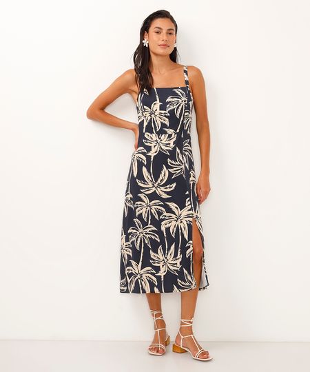 vestido midi decote reto alça fina folhagem azul P vestido midi decote reto alça fina folhagem azul P