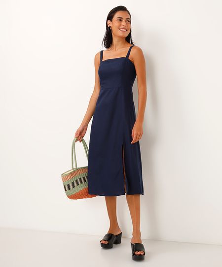 vestido midi de viscose com fenda  - azul marinho PP