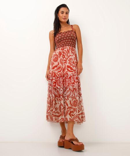 vestido longo de tule alça fina arabesco bege P