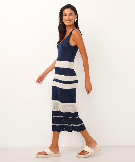 vestido midi de tricot alça fina listrado azul GG