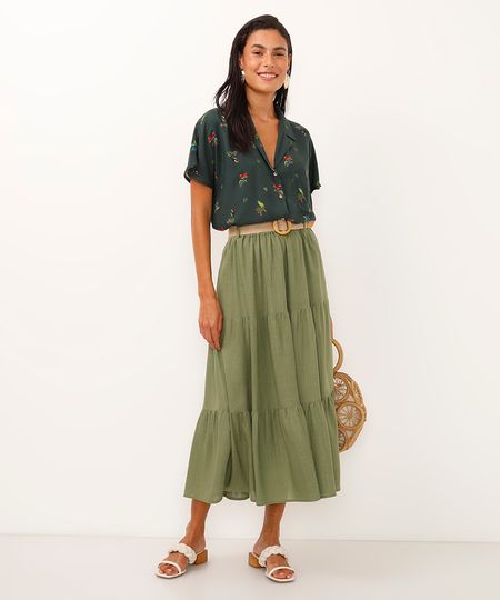 saia midi com linho e cinto verde 34 saia midi com linho e cinto verde 34