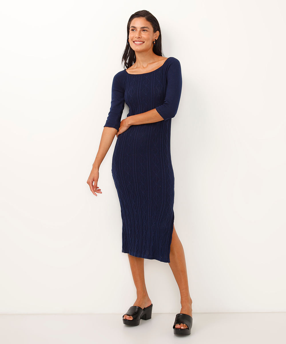 vestido midi de tricot decote canoa texturizado azul