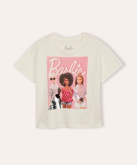 camiseta  de algodão infantil barbie paetê off white 4 camiseta  de algodão infantil barbie paetê off white 4
