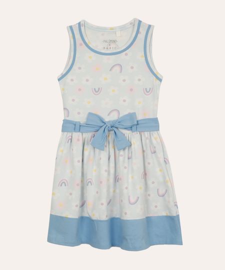 vestido de algodão infantil floral com faixa azul 8