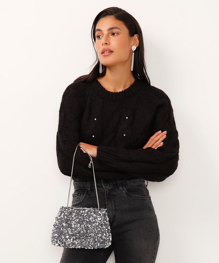 suéter de tricot com brilhos preto P