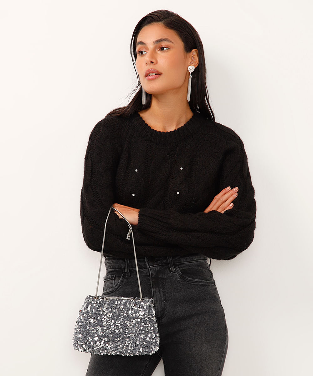suéter de tricot com brilhos preto