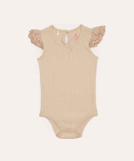 body de algodão infantil com babados e texturizado bege 9-12