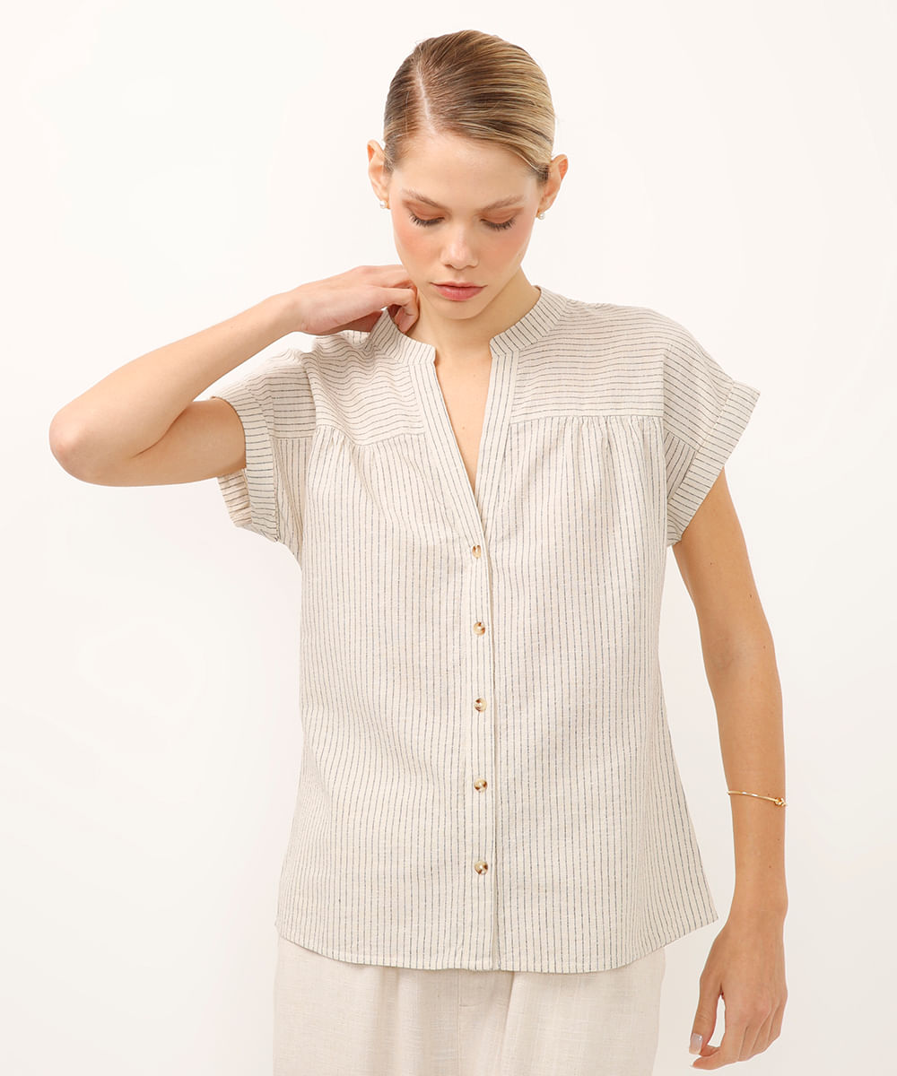 Vista 2 camisa com linho gola padre listrada bege C&A Cru C&A Cru