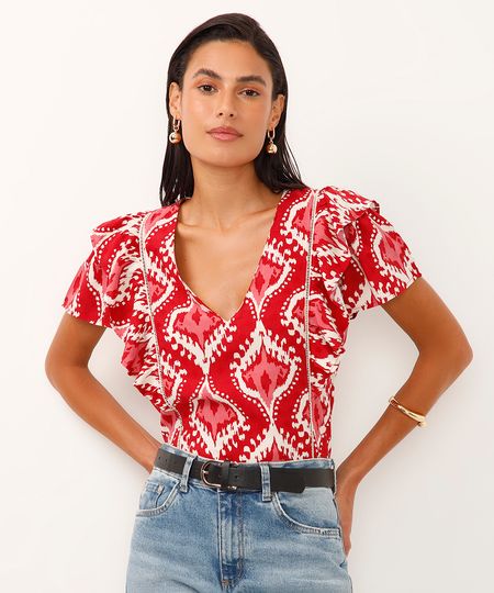 blusa de viscose decote v com babados arabesco vermelha G