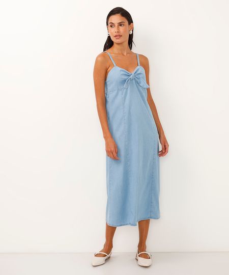 vestido midi jeans decote coração com amarração azul PP