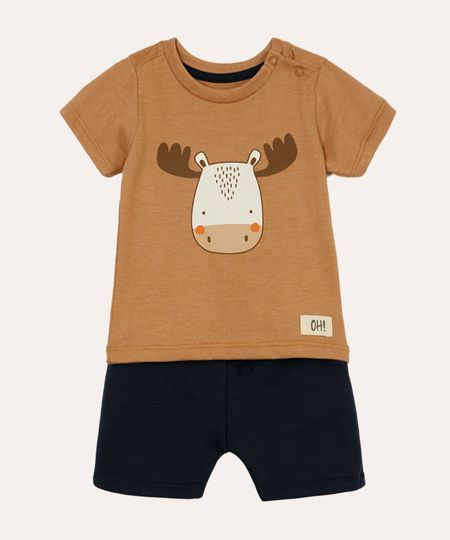 conjunto de algodão infantil curto alce marrom 6-9