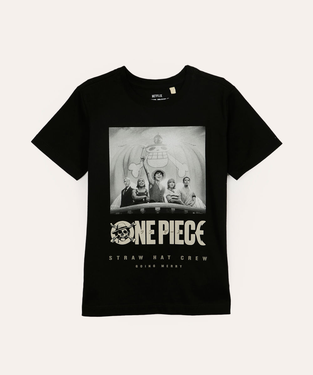 camiseta de algodão infantil one piece preto