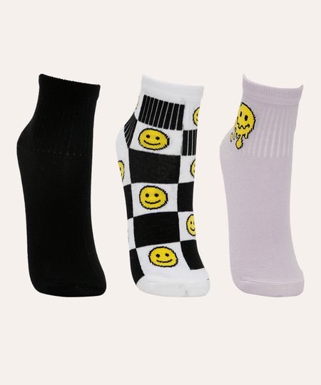 kit de 3 pares de meias cano médio smile colorida 34-39