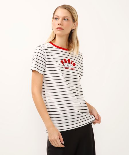 camiseta de algodão manga curta listrada snoopy off white PP